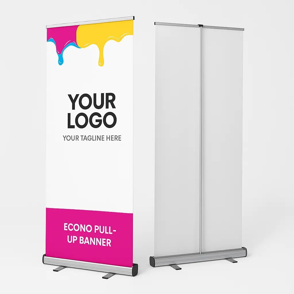 Retractable pull-up banner stand with full-colour printed graphic, shown front and back, the standard portable display used at expos, retail promotions and reception areas, supplied by Imagine Graffix in Pretoria