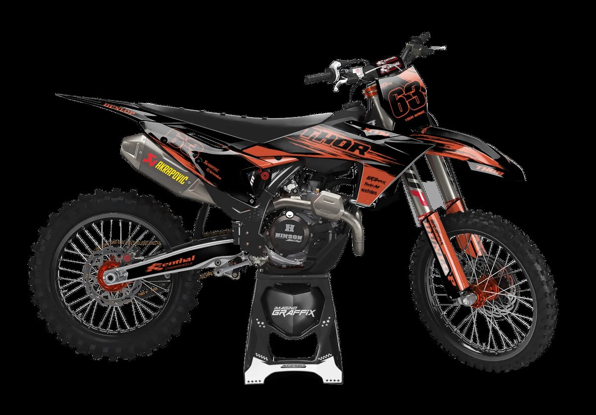 KTM motocross graphics kit in dark red and black theme on a bike, printed on hi-tack vinyl by Imagine Graffix