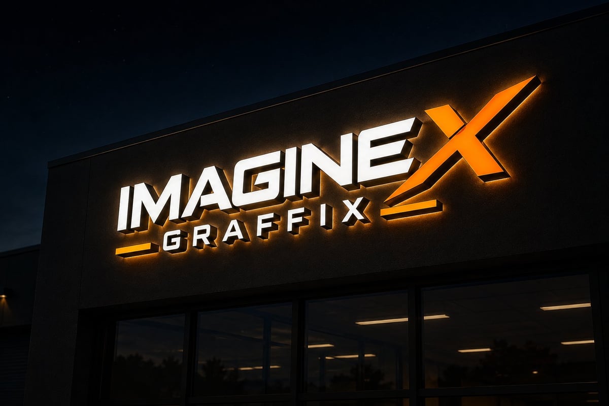 Imagine Graffix illuminated storefront sign at night, white and orange neon lettering and arrow design glowing against the dark building exterior, Pretoria