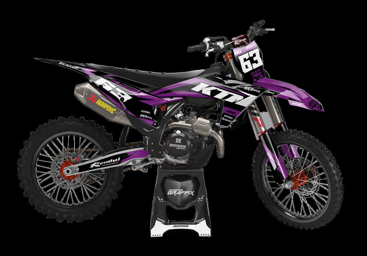 Bold purple custom MX graphics kit, pre-cut to model and ready to fit