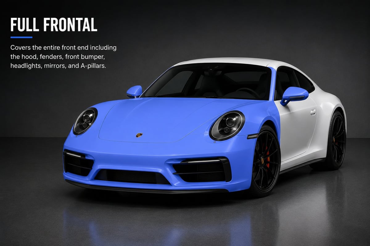 Porsche 911 with a full frontal paint protection film applied, showing the entire front end including hood, fenders, front bumper, headlights, mirrors and A-pillars covered